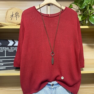 五分袖 针织衫 纯色圆领打底衫 半袖 女 上衣宽松显瘦套头短款 春秋新款