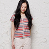 summer Thin section pure cotton Short sleeved knitting Cardigan INNER style Easy literature Self cultivation Show thin stripe Sweater