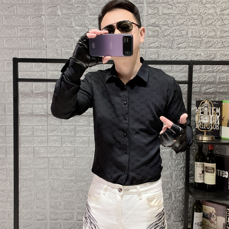 2025新款长袖衬衫修身翻领提花