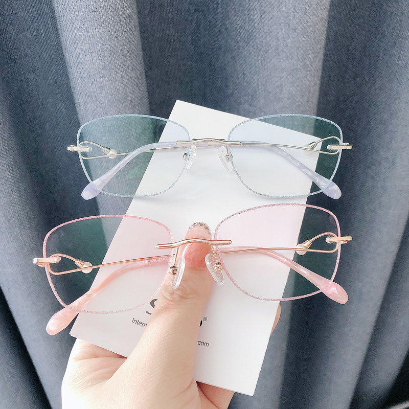 美妆镜无框彩妆ins眼镜有度数近视bling切边成品女粉色浅蓝小红书