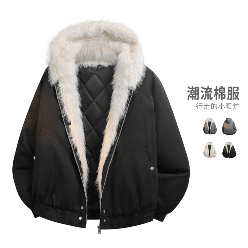 秋冬男士大毛领连帽加厚棉服