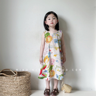 连衣裙2024夏季 韩版 女童满印涂鸦无袖 宝宝洋气清凉公主裙 童装 新品