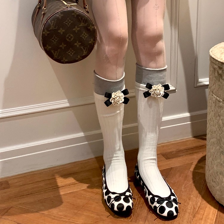 cnorahk小众 设计欧货小香风蝴蝶结不可拆卸山茶花小腿袜中筒袜