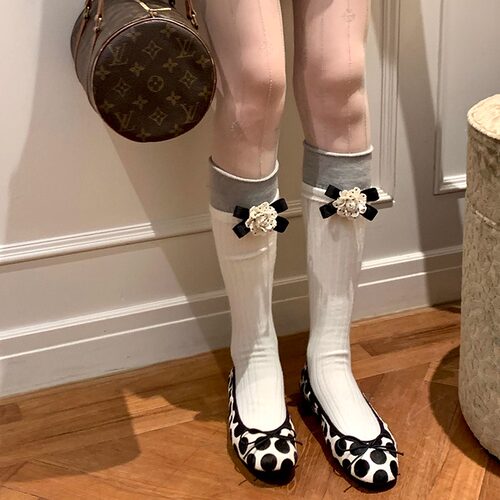 cnorahk小众 设计欧货小香风蝴蝶结不可拆卸山茶花小腿袜中筒袜