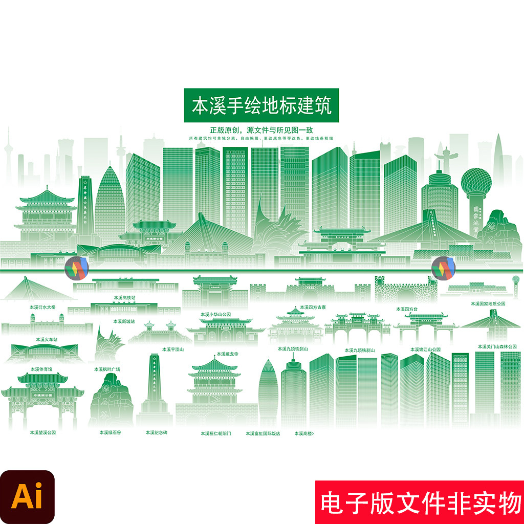 本溪手绘地标建筑剪影本溪标志性矢量线稿本溪旅游宣传背景AI素材