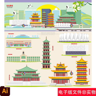 内蒙古乌兰察布地标建筑插画集大佛寺鸟瞰图海报设计线稿AI素材图