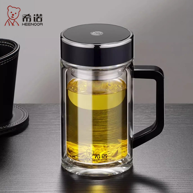 希诺双层玻璃杯男士大容量加厚透明高端带把手柄办公室泡茶水杯子