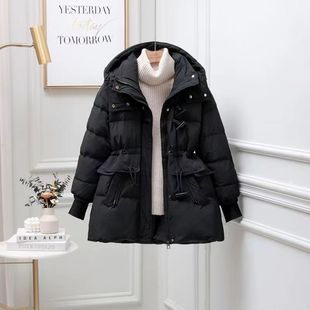 小个子羽绒服冬季收腰女中长款白鸭绒牛角扣2025新款连帽外套加厚