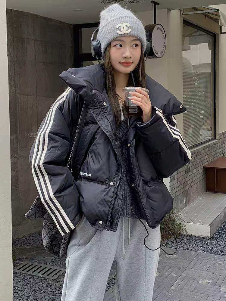 欧洲站条纹立领男女同款小个子羽绒服女新款白鸭绒加厚面包服外套