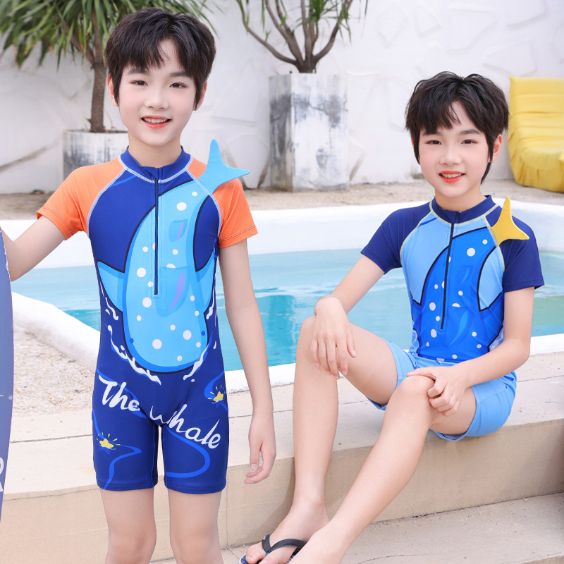 2026新款儿童泳衣男童连体卡通鲸鱼短袖游泳衣小中童训练游泳装备