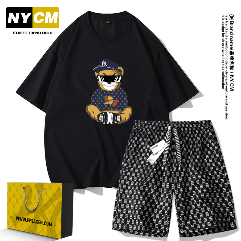 NYCM联名运动套装男士夏季纯棉短袖圆领T恤潮牌青少年宽松两件套