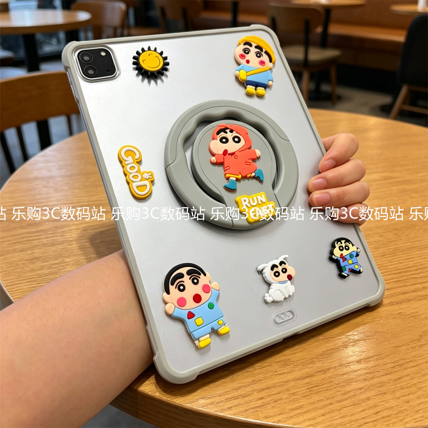 diy蜡笔小新苹果iPadpro11磨砂后壳360度可旋转air8带支架789代适用10.2寸9.7儿童防摔ipaid5保护套a16亚克力