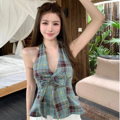 甜辣撞色格纹V领吊带背心女夏季复小众设计感蝴蝶结挂脖短款上衣