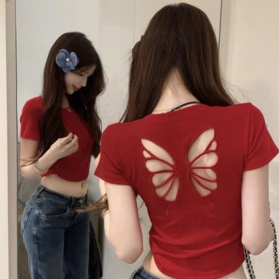 红色镂空露背蝴蝶结刺绣短袖T恤女夏新款修身短款独特绝美小上衣