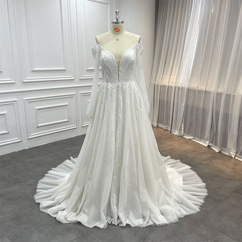 custom made a-line bridal gown illusion neckline applique sp