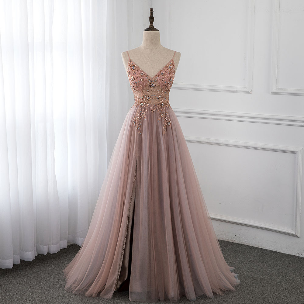 sweet dusty pink crystal prom dresses long straps spaghetti