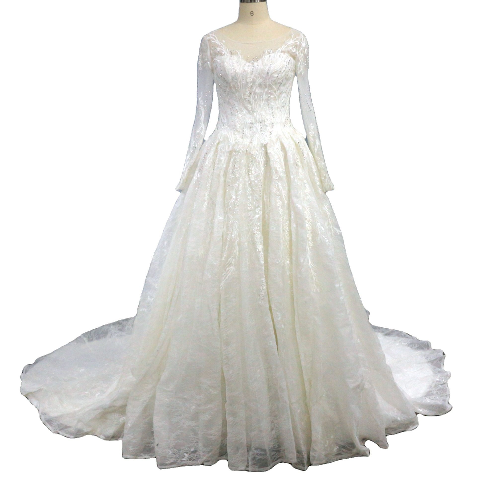 sheer long sleeve a-line with illusion neckline champagne la