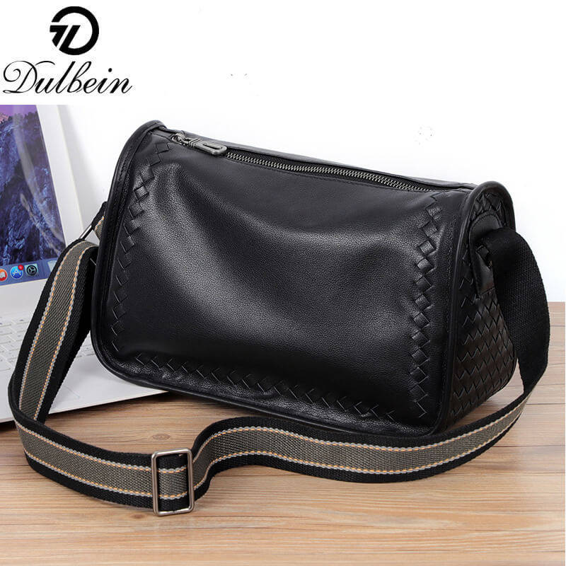 度缤真皮斜挎包男款通勤包编织男士商务横款大容量邮差男士斜挎包