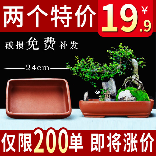 宜兴紫砂简约浅底长方盆景盆