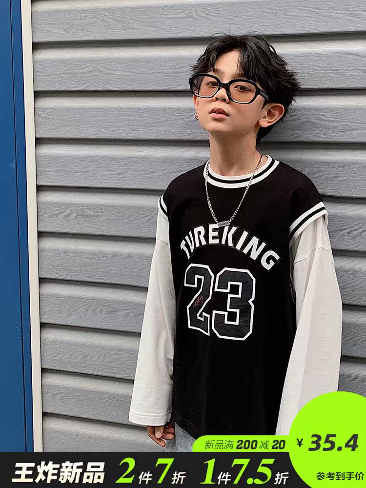 Boys ' T-shirt Long-sleeved spring and autumn sportswear Children's loose basketball clothes Cotton t-shirt Western school fake two pieces fried street