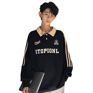 男童卫衣春秋款2025中大童薄款宽松翻领Polo上衣大码童装炸街秋装