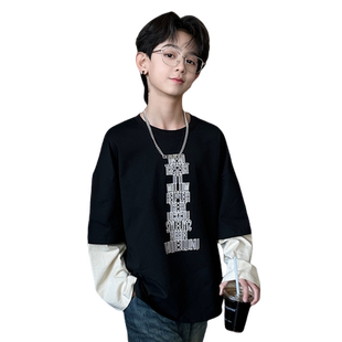 男童长袖T恤春秋款2025新款大童男装儿童纯棉打底衫胖童上衣潮牌t