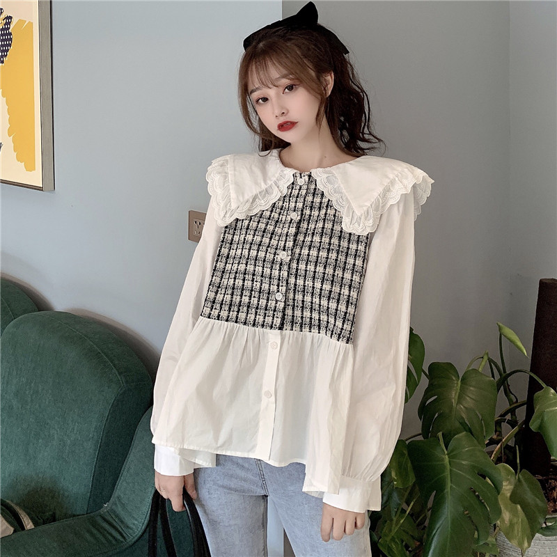 Student loose stitching lattice careful machine French top doll collar shirt fake two real price