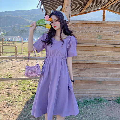 French style drawstring lace up dress Korean version slim popular short sleeve medium long skirt real price