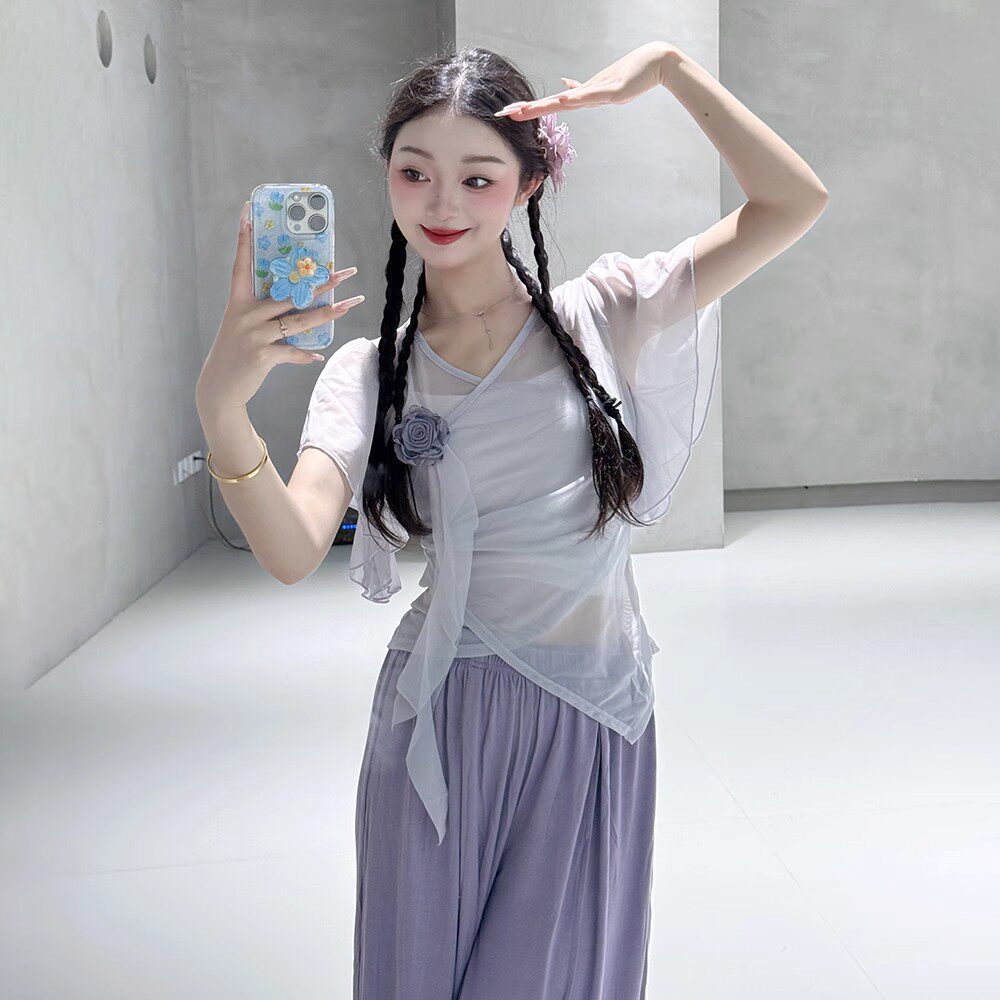 古典舞纱衣夏天中国舞练功服飘逸演出服网纱芭蕾舞蹈上衣女款新款