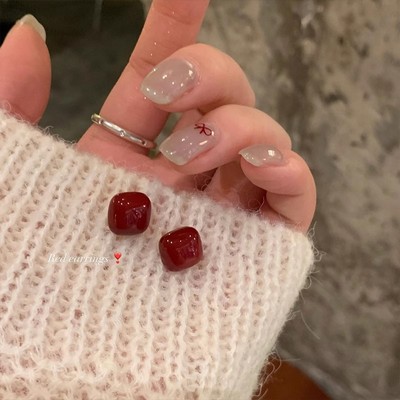 中国风安可拉红色方形珍珠耳钉轻奢小众高级感简约几何形耳环耳饰