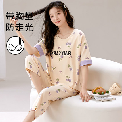 睡衣女夏季纯棉薄款带胸垫短袖七分裤妈妈宽松甜美可外穿休闲套装