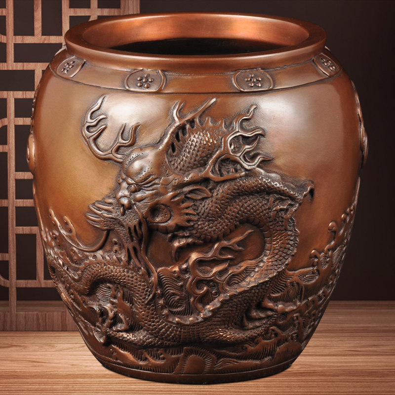 紫铜双龙缸摆件招财铜缸聚宝盆风水家居客厅玄关酒柜电视柜装饰品