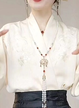 对襟衬衫女长袖2026春秋新款宽松百搭系带领新中式轻国风刺绣上衣