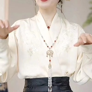 宽松百搭系带领新中式 2025春秋新款 轻国风刺绣上衣 女长袖 对襟衬衫