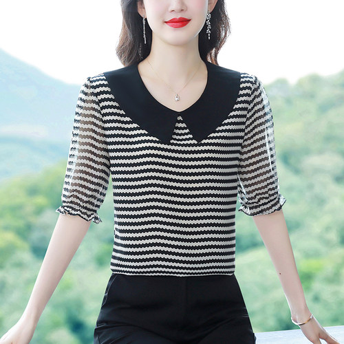 条纹雪纺上衣女夏中袖洋气小衫