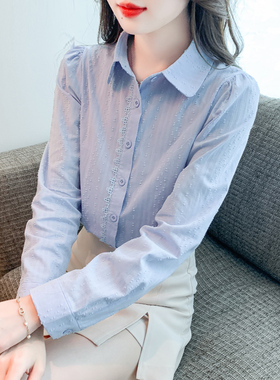 时尚纯棉衬衫女上衣2026春新款翻领女士长袖棉麻洋气遮肚衬衣小衫