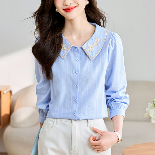 纯棉衬衫女上衣春秋刺绣洋气小衫