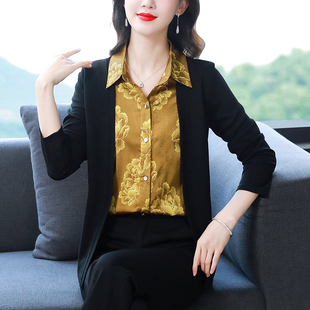 气质雪纺衬衫女上衣2026春新款翻领长袖印花假两件针织外套女小衫