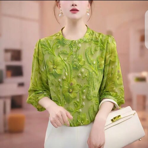 绿色印花雪纺七分袖显瘦妈妈衬衫