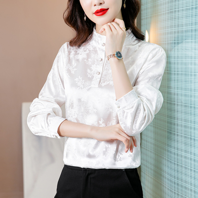春秋新款气质衬衫女提花缎面上衣