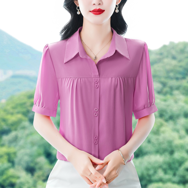 高档纯色雪纺衬衫女上衣2025夏新款中年妈妈短袖减龄百搭衬衣小衫