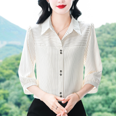 条纹雪纺衬衫女七分袖2025春新款