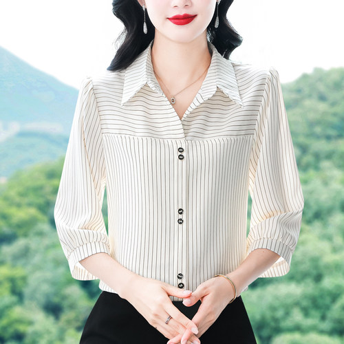 条纹雪纺衬衫女七分袖2025春新款