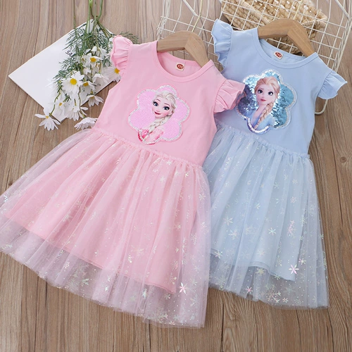 Блестки для ногтей, платье, юбка на девочку для принцессы, синяя детская летняя одежда, «Холодное сердце», короткий рукав, в западном стиле