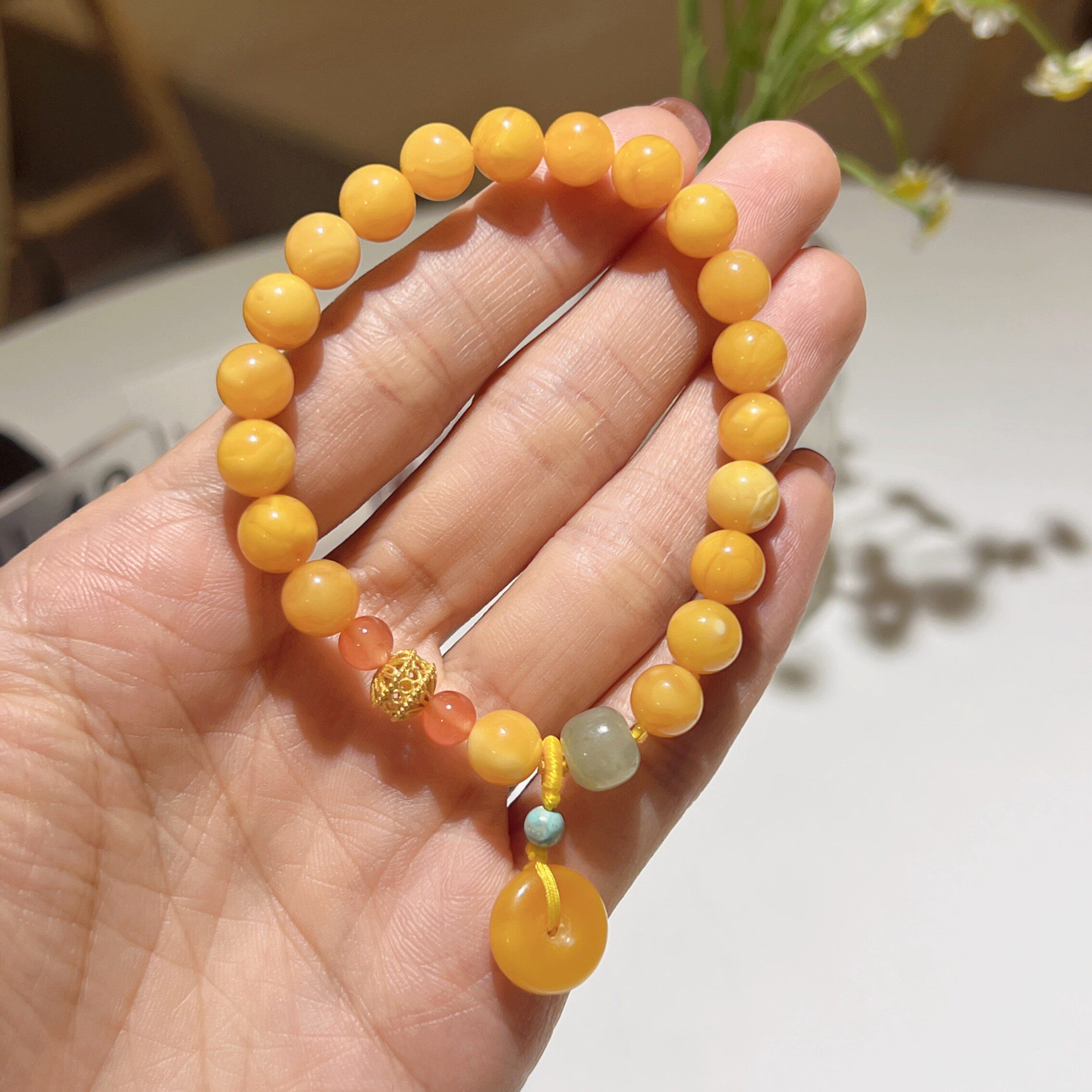 天然蜜蜡圆珠手链吊平安扣绿松石手饰