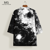 国潮披风外套男士 防晒衬衫 太极八卦印花五分袖 kimono羽织道袍大码