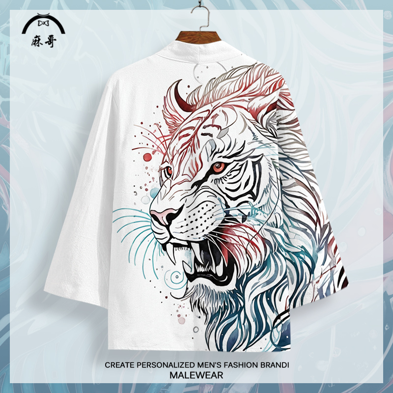 道袍男士潮牌老虎印花衬衫冬季新款小众休闲外套大码加肥加厚披风