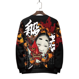 日系般若浮世绘周边印花长袖T恤大码卫衣男圆领外套加绒套头上衣