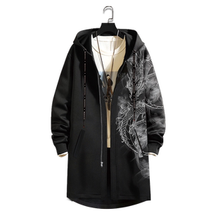 国风龙印花风衣男生加厚宽松中长款连帽外套国潮高街青年百搭大衣