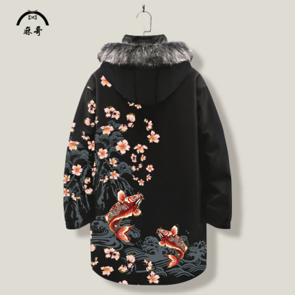 锦鲤印花羽绒服男士冬季加厚连帽开衫大码加肥中长款中国风面包服